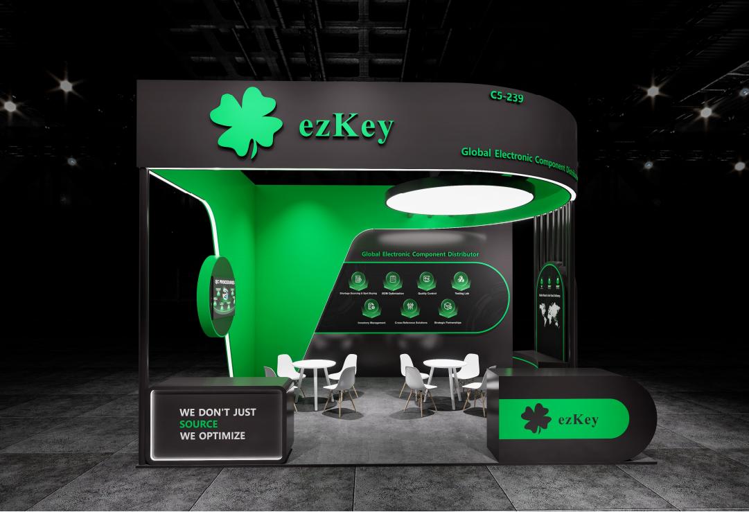 ezKey booth design C5-239, black-and-green tech style, electronic components distributor theme